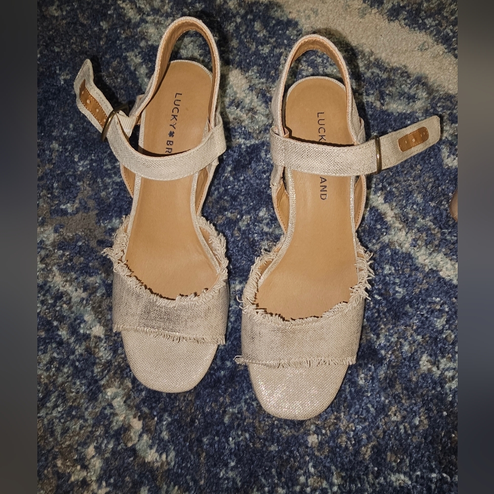 Lucky Brand Mindra Canvas Espadrille Platform Wedge Sandals Tan Size 8